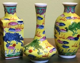 3 Chinese Miniature Imperial Yellow Famille Rose Dragon Vases/ Marked 3