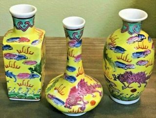 3 Chinese Miniature Imperial Yellow Famille Rose Dragon Vases/ Marked 5