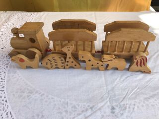 Vintage Handmade Wooden Toy Truck Tractor 2 Trailers 6 Animals