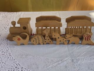 Vintage Handmade Wooden Toy Truck Tractor 2 Trailers 6 Animals 2