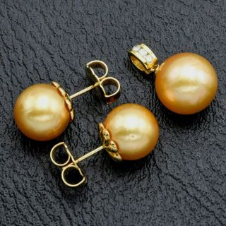 Vintage 14k Gold Sea Pearl & Diamond Pendant & Stud Earrings Set 9.  8g G/h Si - 1