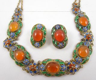 Delicate Sterling Chinese Export Enamel Carnelian Necklace And Earrings