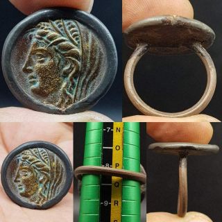 Old Roman Bronze Coin Set In A Ring 64