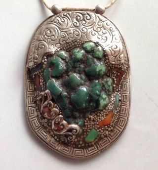 Vintage Tibetan Turquoise Sterling Silver Coral Inlay Large Necklace Pendant