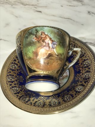 Antique Royal Vienna Cobalt Blue Porcelain Portrait Demitasse Cup And Saucer