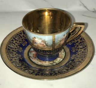 Antique Royal Vienna Hand Painted Porcelain Portrait Demitasse Cup And Saucer