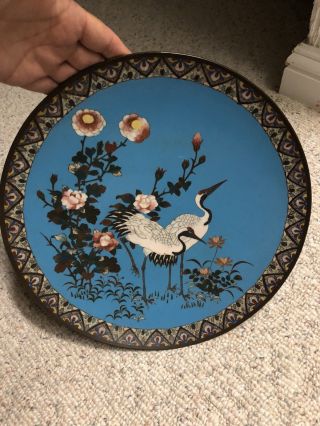 Antique Meiji Japanese Bronze Cloisonné Enamel Cranes Flowers Plate Platter 14 "