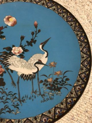 Antique Meiji Japanese Bronze Cloisonné Enamel Cranes Flowers Plate Platter 14 