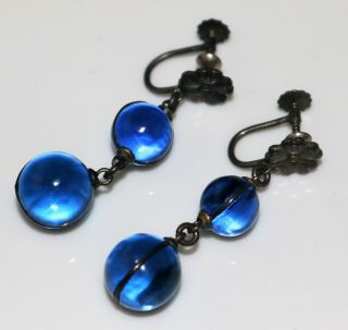 Rare Art Deco Blue Pools Of Light Orb Dangle Earrings,  Crystals,  Screw Backs
