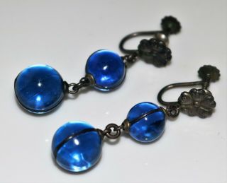 RARE Art Deco Blue Pools of Light Orb Dangle Earrings,  Crystals,  Screw Backs 2