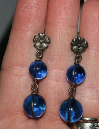 RARE Art Deco Blue Pools of Light Orb Dangle Earrings,  Crystals,  Screw Backs 3