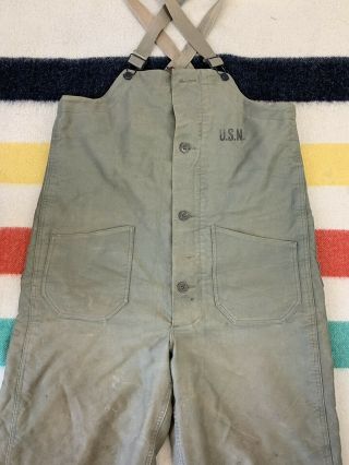Vintage 40 ' s WW2 USN Navy N1 Jungle Cloth Deck Pants Bib Overalls Sz Medium 2