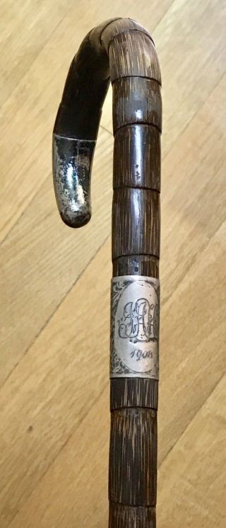 Vintage 1908 England Walking Stick Cane Sterling Silver Bamboo Shaft Antique 35 "