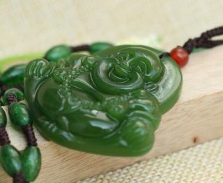 Fine Natural hand - carved black green jade buddha Lucky Amulet pendant necklace 3