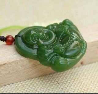 Fine Natural hand - carved black green jade buddha Lucky Amulet pendant necklace 4