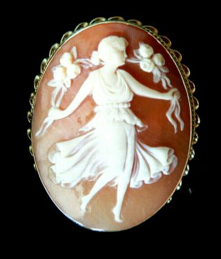 Antique Vintage Cameo Goddess Dancer Brooch Pendant 14k Gold Stunner