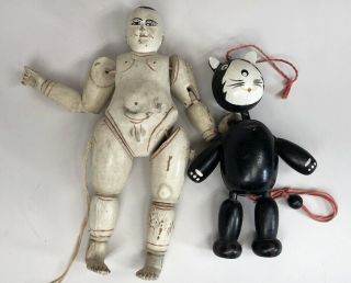 2 Antique Large Japanese Wooden Toys Cat & Sumo Man