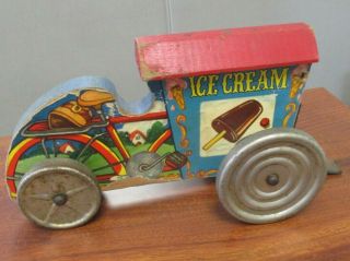 Rare Vtg Gong Bell Wood Ice Cream Bicycle Delivery Cart Pull Toy Metal Wheels