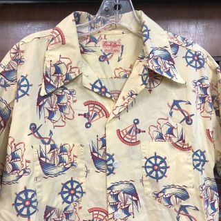 Vintage 1940’s Pirate Ship Nautical Pattern Cotton Hawaiian Shirt - Large