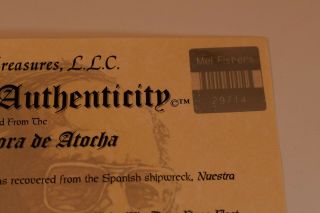 Rare ATOCHA 8 REALES SILVER COIN - GRADE (1) ONE - Mel Fisher Certificate - Numbered 3