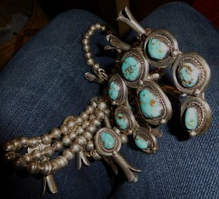 Vintage Navajo Silver Squash Blossom Necklace with Turquoise stones 10