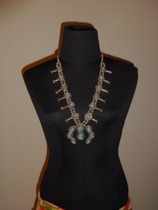 Vintage Navajo Silver Squash Blossom Necklace With Turquoise Stones