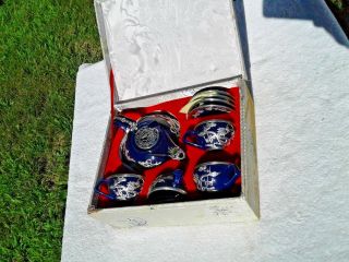 Antique Chinese Dragon Motif Silver Or Pewter Tea Pot Cup Set Cobalt Boxed China