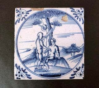 A Very Rare Delftware Adam And Eve Tile,  Circa 1700