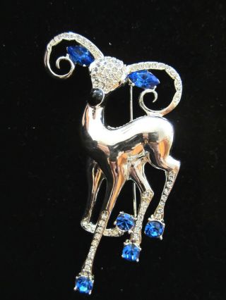Vintage Eisenberg Ice Silver Reindeer Pin Brooch Crystal & Sapphire Rhinestones