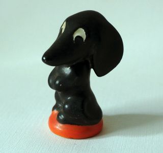 Vintage Black Dog Doxie Dachshund Signed V Symbol & Wings Whimsical Eyes