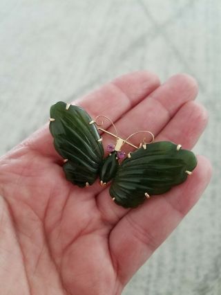 Vintage Chinese 14k Gold Butterfly Brooch W/ Rubies & Green Jadeite Jade (11.  5g)