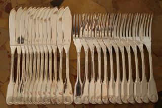 Christofle Berain / Marot Or Vendome Fish Set 12 Forks 12 Knives Silver Plated