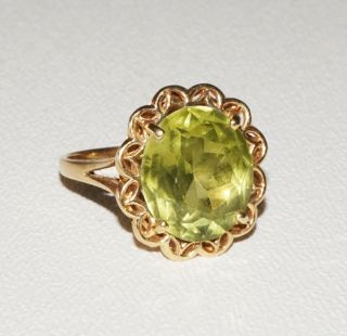 Vintage 14k Yellow Gold Ring Sz.  8.  5 Prong Set W 8ct.  Facetted Peridot (wkoc) R13