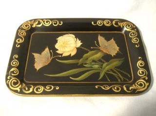 Miniature Tole Tip Tray Vintage Gilt Hand Painted Signed Butterfly Lotus Flower