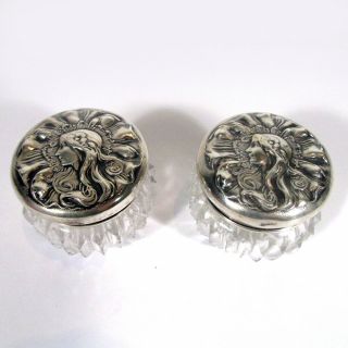 Pair Antique Sterling Silver And Crystal Art Nouveau Dresser Jars