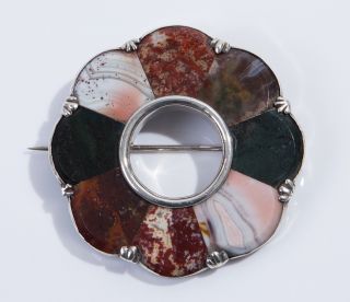 Antique Victorian Scottish Silver Pebble Brooch – Bloodstone,  Jasper,  Moss Agate