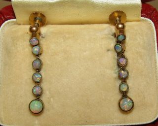 DELICATE,  ANTIQUE VICTORIAN 9 CT GOLD EARRINGS WITH NATURAL FIRE OPAL GEMS 2