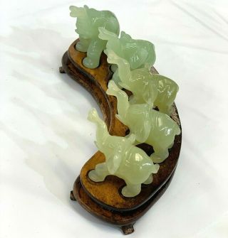 Chinese hand carved Jade elephant figurine set of 5 on matching wood stand. 6