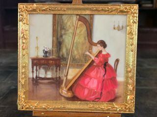 c1985 Miniature Dollhouse Artisan Melissa Wolcott PAINTING Lady Playing Harp 3
