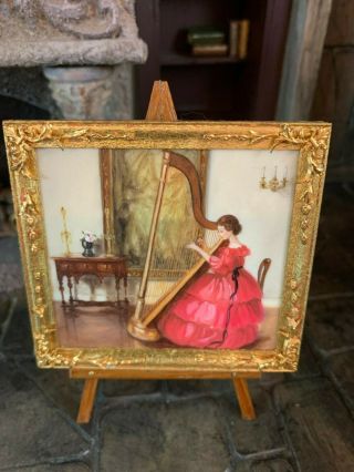 c1985 Miniature Dollhouse Artisan Melissa Wolcott PAINTING Lady Playing Harp 7