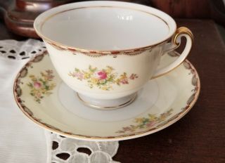 Meito Teacup And Saucer Set " Made In Japan " Gold Gilt Edge Cream White Maroon