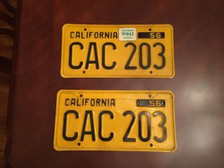 Vtg Pair 1956 Car Automobile License Plate Set California Black Yellow Cac 203