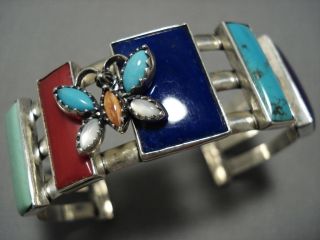 Exquisite Vintage Navajo Turquoise Coral Butterfly Sterling Silver Bracelet