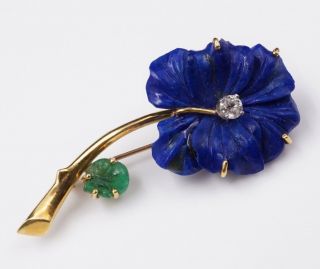 Vintage Cellino 18k Yellow Gold Carved Lapis Emerald Diamond Pin Brooch 2 " Og183