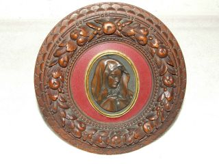 Antique 19th C.  Framed Bronze Madonna Religious Icon With Hand Carved Oak Frame