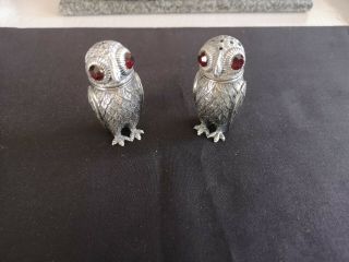 Solid Silver Novelty Owl Salt & Pepper Pots Ruby Set Eyes