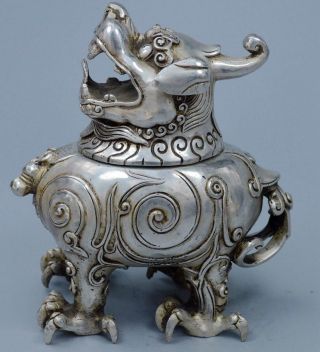 Tibet Exorcism Collectable Handwork Miao Silver Carve God Beast Incense Burners 3