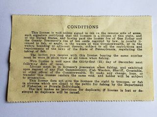1923 Pa Pennsylvania Fishing License Resident Button Pin & Paper Vtg 1st Year 10