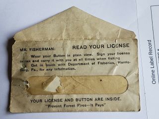1923 Pa Pennsylvania Fishing License Resident Button Pin & Paper Vtg 1st Year 11