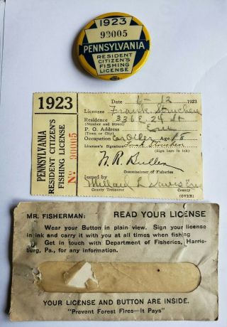 1923 Pa Pennsylvania Fishing License Resident Button Pin & Paper Vtg 1st Year 2